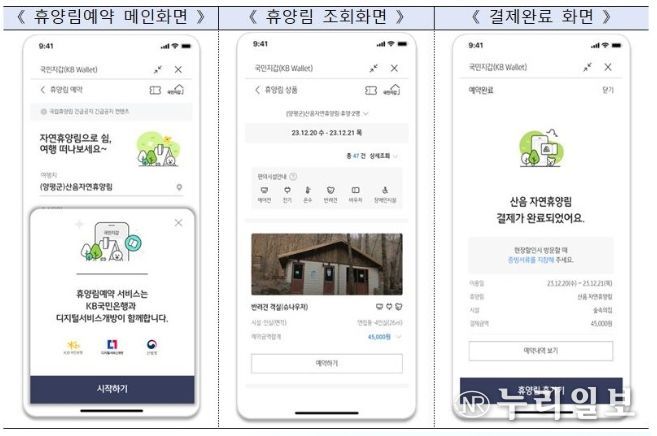 KB스타뱅킹앱에서 국립자연휴양림 예약 서비스 이용화면