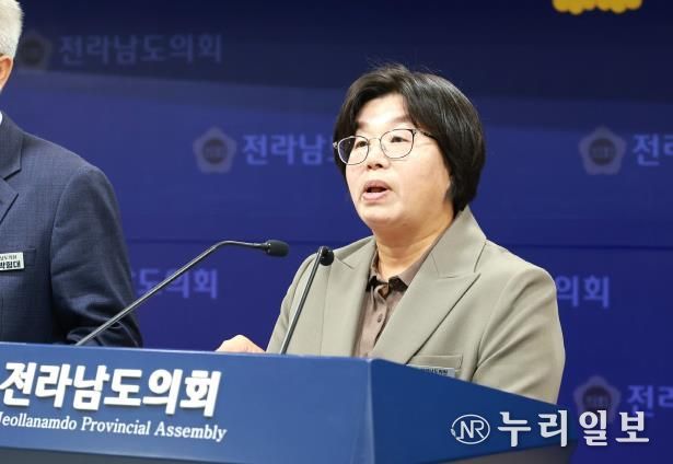 11월 3일, 도의회 브리핑룸에서 진보당·정의당 소속 도의원들이 한미 관세 협상에 대한 공동 기자회견을 열고 정부의 대미 현금투자 합의를 규탄하고 있다.