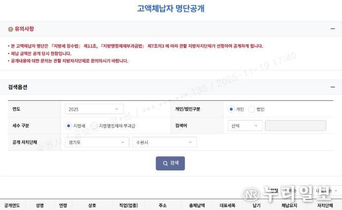고액체납자 명단 공개 웹페이지
