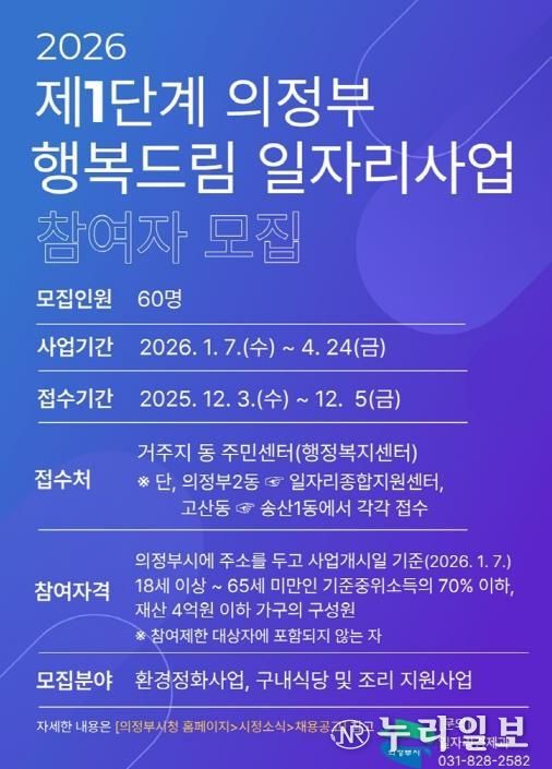 의정부시, 2026년 제1단계 의정부 행복드림 일자리사업 참여자 모집