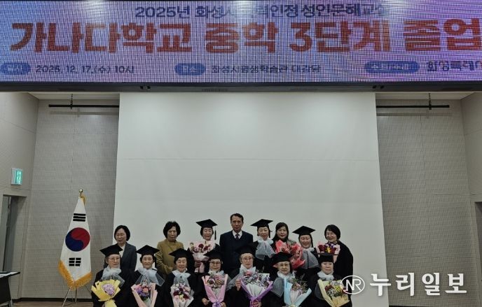 17일 열린 2025년 화성특례시 가나다학교 중학 3단계 졸업식에서 졸업생 등이 기념촬영을 하고 있다.