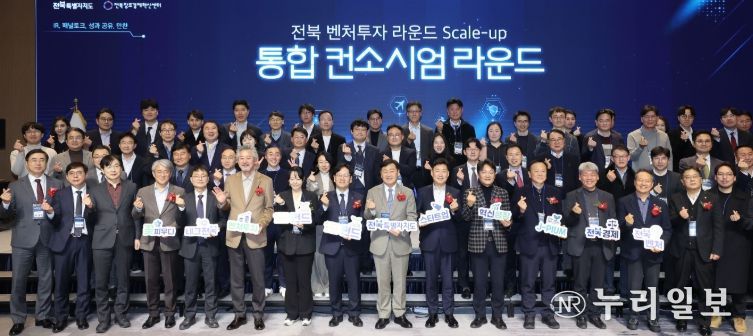 23일 전주 라한호텔에서 열린 ‘전북 벤처투자 라운드 SCALE-UP 통합 컨소시엄’행사에서 김관영 전북자치도지사와 이대희 한국벤처투자 대표이사, 유동준 엔젤투자협회 부회장을 비롯해 정책 출자기관장, 투자사(VC·AC), 스타트업 대표 등이 벤처펀드 1조 달성 축하 기념촬영을 하고 있다.