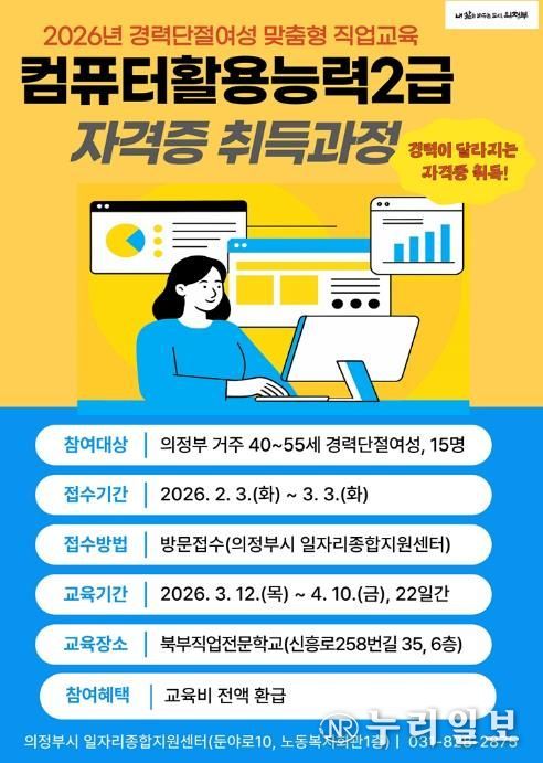 의정부시, 경력단절여성 위한 ‘컴활2급 자격과정’ 교육생 모집